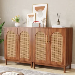 Fashion Tribesigns Sideboard Buffet Set of 2, Accent Rattan Storage Cabinet with Doors