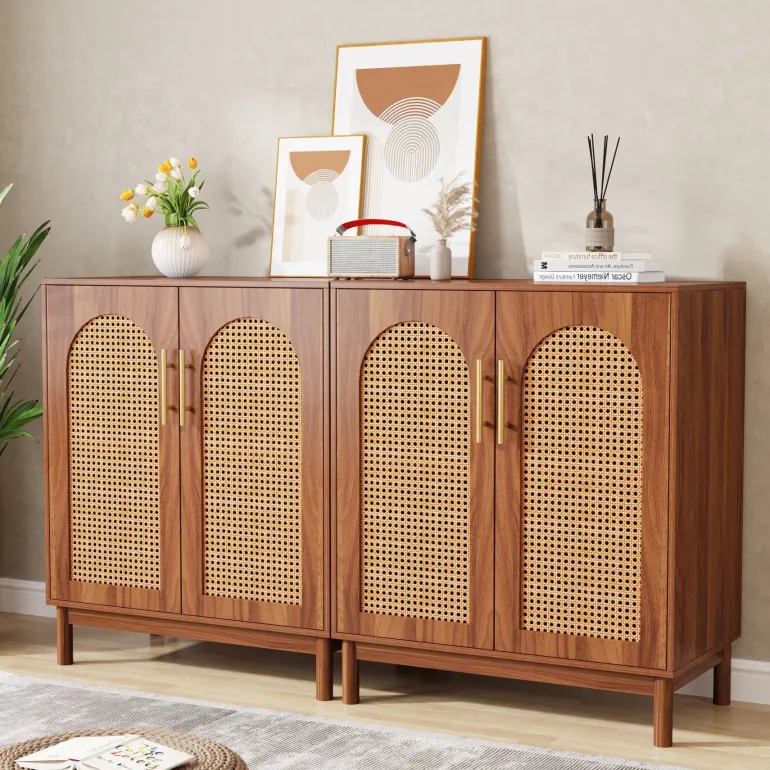 Fashion Tribesigns Sideboard Buffet Set of 2, Accent Rattan Storage Cabinet with Doors