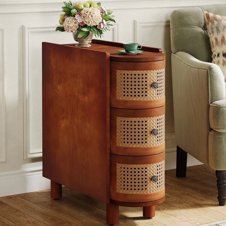 New Tribesigns Solid Wood End Table, 3 - Drawer Side Table NightStand with 3 Rattan Drawers