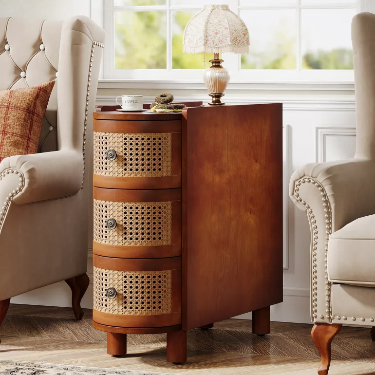New Tribesigns Solid Wood End Table, 3 - Drawer Side Table NightStand with 3 Rattan Drawers