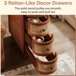 New Tribesigns Solid Wood End Table, 3 - Drawer Side Table NightStand with 3 Rattan Drawers