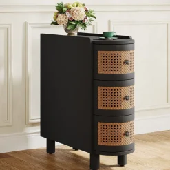 New Tribesigns Solid Wood End Table, 3 - Drawer Side Table NightStand with 3 Rattan Drawers
