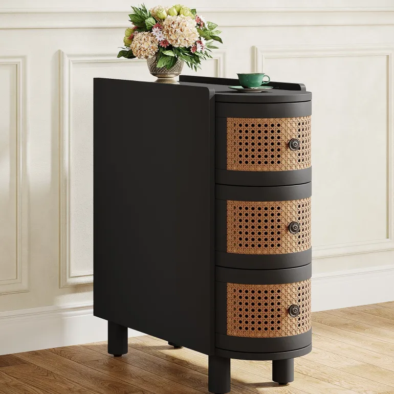New Tribesigns Solid Wood End Table, 3 - Drawer Side Table NightStand with 3 Rattan Drawers
