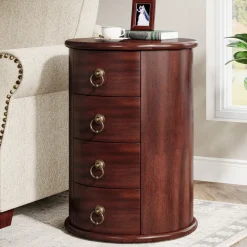 Best Sale Tribesigns Solid Wood End Table, Round Side Table With 4 Drawers