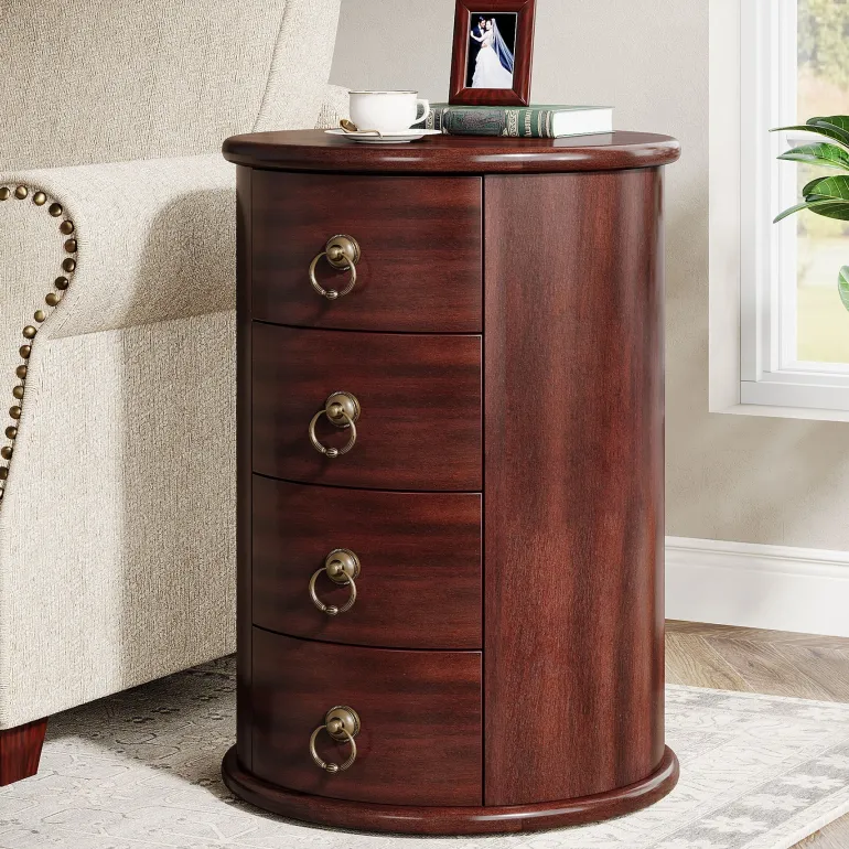 Best Sale Tribesigns Solid Wood End Table, Round Side Table With 4 Drawers