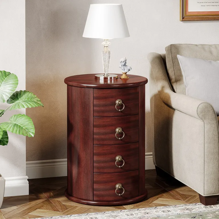 Best Sale Tribesigns Solid Wood End Table, Round Side Table With 4 Drawers
