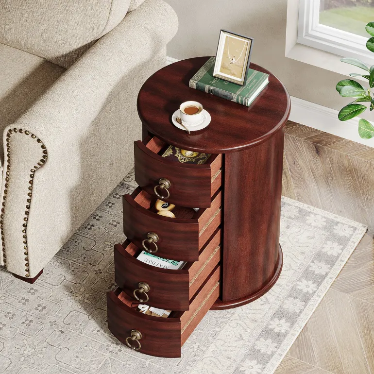 Best Sale Tribesigns Solid Wood End Table, Round Side Table With 4 Drawers