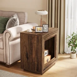 Best Sale Tribesigns Solid Wood End Table, Square Side Table Nightstands with Storage