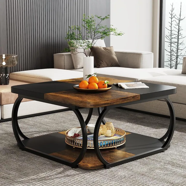 Outlet Tribesigns Square Coffee Table, 39" Central Cocktail Table with 2-Tier Shelves