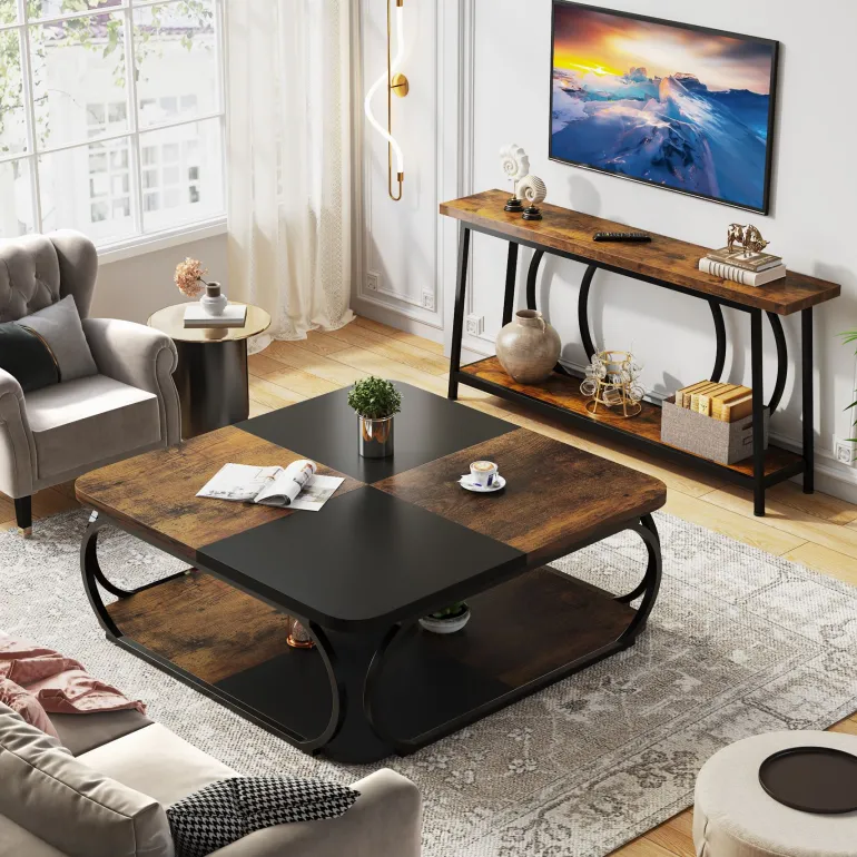 Outlet Tribesigns Square Coffee Table, 39" Central Cocktail Table with 2-Tier Shelves
