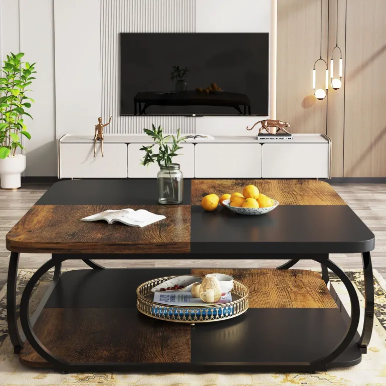 Outlet Tribesigns Square Coffee Table, 39" Central Cocktail Table with 2-Tier Shelves