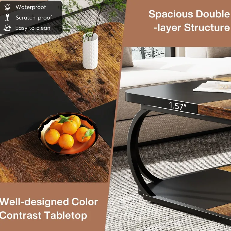 Outlet Tribesigns Square Coffee Table, 39" Central Cocktail Table with 2-Tier Shelves