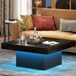 Shop Tribesigns Square Coffee Table, Farmhouse Wood Cocktail Table with LED Light