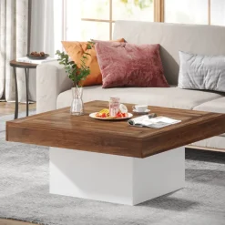 Shop Tribesigns Square Coffee Table, Farmhouse Wood Cocktail Table with LED Light