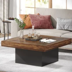 Shop Tribesigns Square Coffee Table, Farmhouse Wood Cocktail Table with LED Light