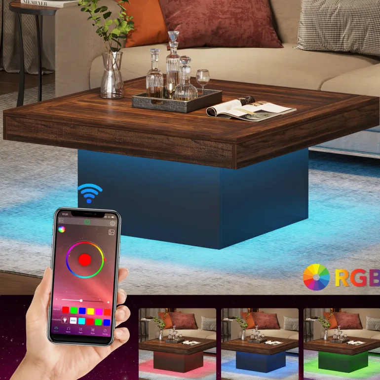 Shop Tribesigns Square Coffee Table, Farmhouse Wood Cocktail Table with LED Light
