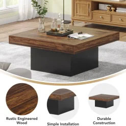 Shop Tribesigns Square Coffee Table, Farmhouse Wood Cocktail Table with LED Light