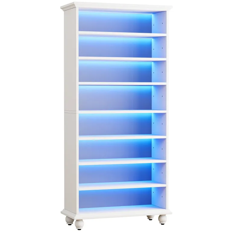 Best Sale Tribesigns 9-Tier Bookcase Wood Bookshelf with LED Lighting & Solid Wood Legs