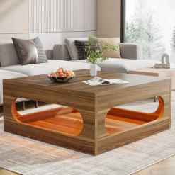 Outlet Tribesigns 2-Tier Coffee Table, Wood Square Center Tea Table with LED Strip Light