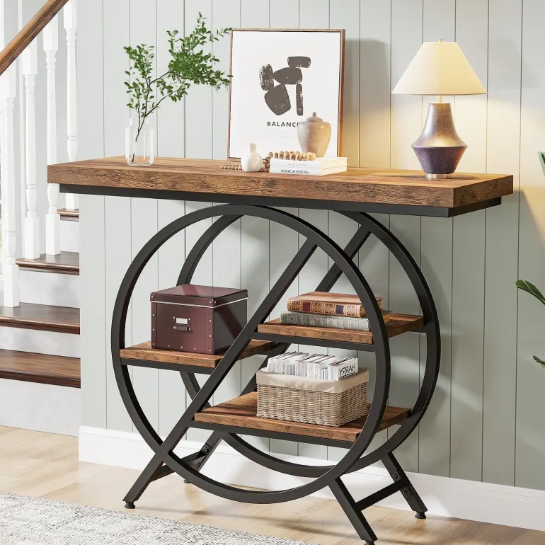 Online Tribesigns 4-Tier Console Table, 39.4" Entryway Table with Geometric Metal Frame