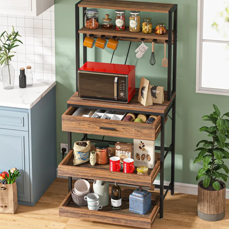 Best Sale Tribesigns 5-Tier Kitchen Baker's Rack with Power Outlets, Drawer & Sliding Shelves