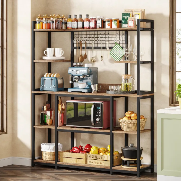 Best Sale Tribesigns 5-Tier Kitchen Baker's Rack, 55" Wide Kitchen Storage Shelf with 11 Hooks