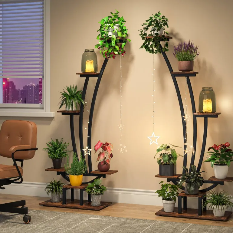 Sale Tribesigns 6-Tier Plant Stand Pack of 2, Metal Curved Display Shelf with 2 Hanging Hooks