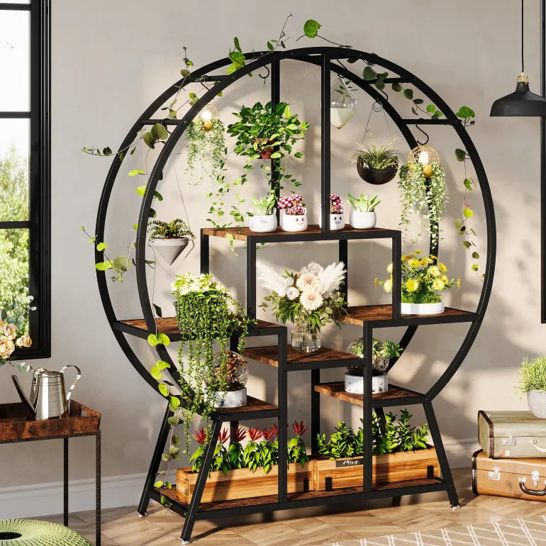 Fashion Tribesigns 7-Tier Round Plant Stand, 65" Tall Plant Shelf with 6 S Hanging Hooks