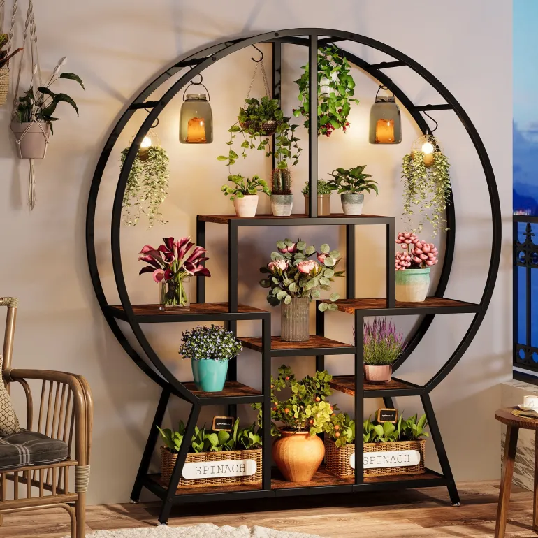 Fashion Tribesigns 7-Tier Round Plant Stand, 65" Tall Plant Shelf with 6 S Hanging Hooks