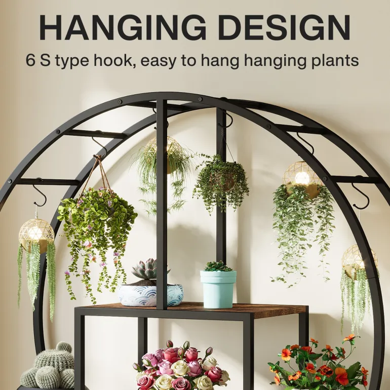 Fashion Tribesigns 7-Tier Round Plant Stand, 65" Tall Plant Shelf with 6 S Hanging Hooks
