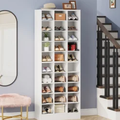 Discount Tribesigns 10-Tier Shoe Cabinet, Wooden Shoe Storage Rack with 30 Cubbies