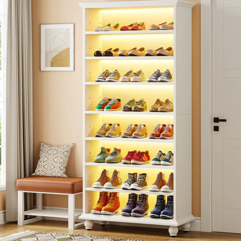 Outlet Tribesigns 9-Tier Wood Shoe Cabinet Rack with LED Lighting & Solid Wood Legs