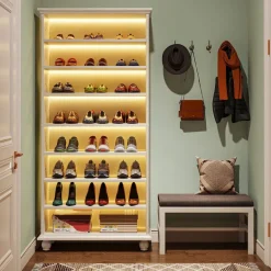 Outlet Tribesigns 9-Tier Wood Shoe Cabinet Rack with LED Lighting & Solid Wood Legs