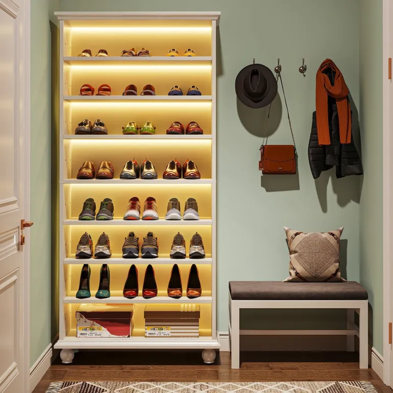 Outlet Tribesigns 9-Tier Wood Shoe Cabinet Rack with LED Lighting & Solid Wood Legs