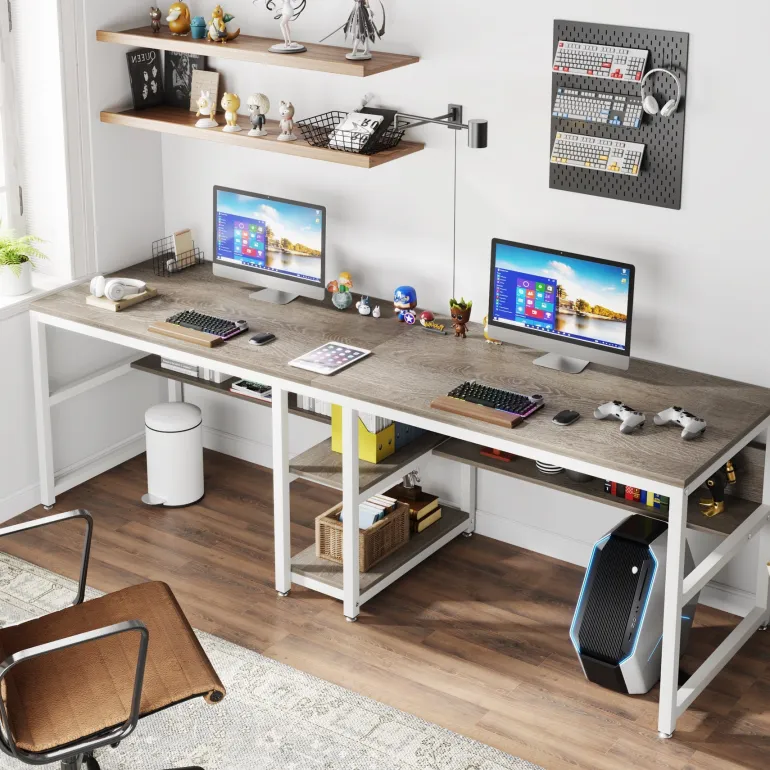 New Tribesigns Two Person Desk, 78.7" Computer Double Desk with Bookshelf
