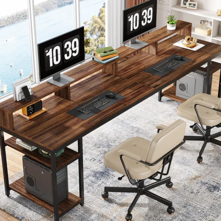New Tribesigns Two Person Desk, 78.7" Computer Desk With Monitor Stand and 4 Open Shelf