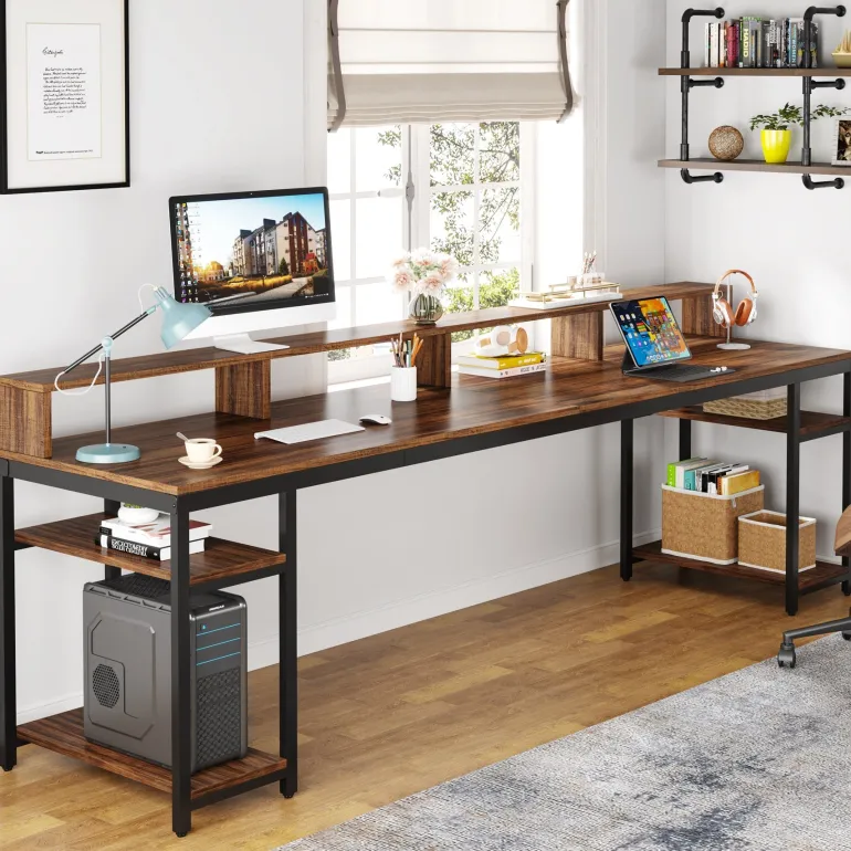New Tribesigns Two Person Desk, 78.7" Computer Desk With Monitor Stand and 4 Open Shelf