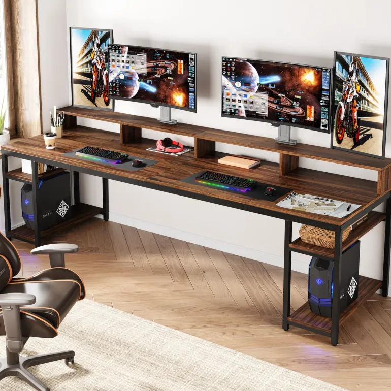 New Tribesigns Two Person Desk, 78.7" Computer Desk With Monitor Stand and 4 Open Shelf