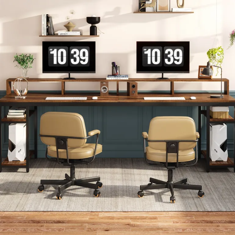 New Tribesigns Two Person Desk, 78.7" Computer Desk With Monitor Stand and 4 Open Shelf