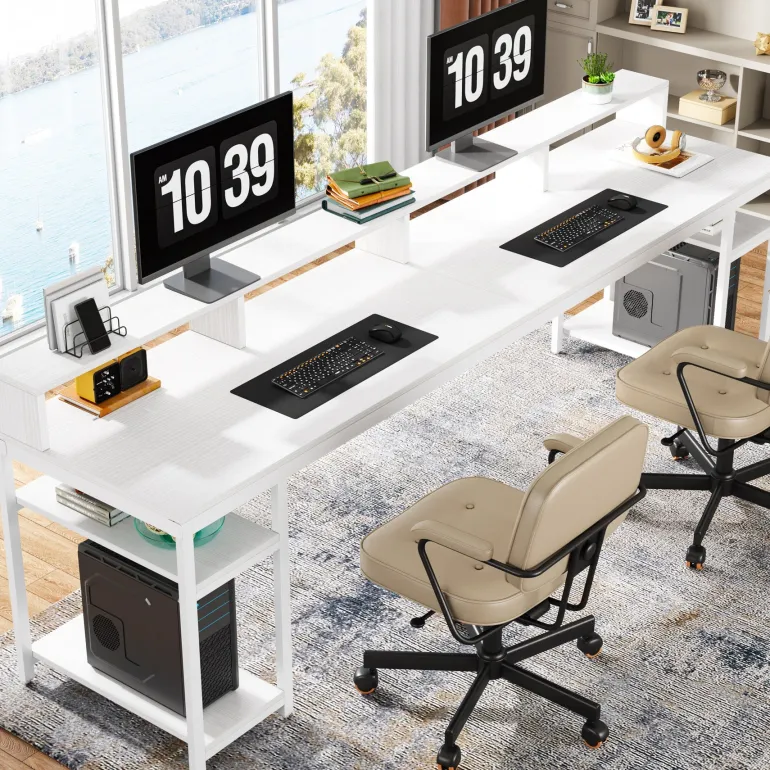 New Tribesigns Two Person Desk, 78.7" Computer Desk With Monitor Stand and 4 Open Shelf