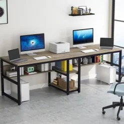 Best Tribesigns Two Person Desk, Computer Desk Double Workstation with Shelves