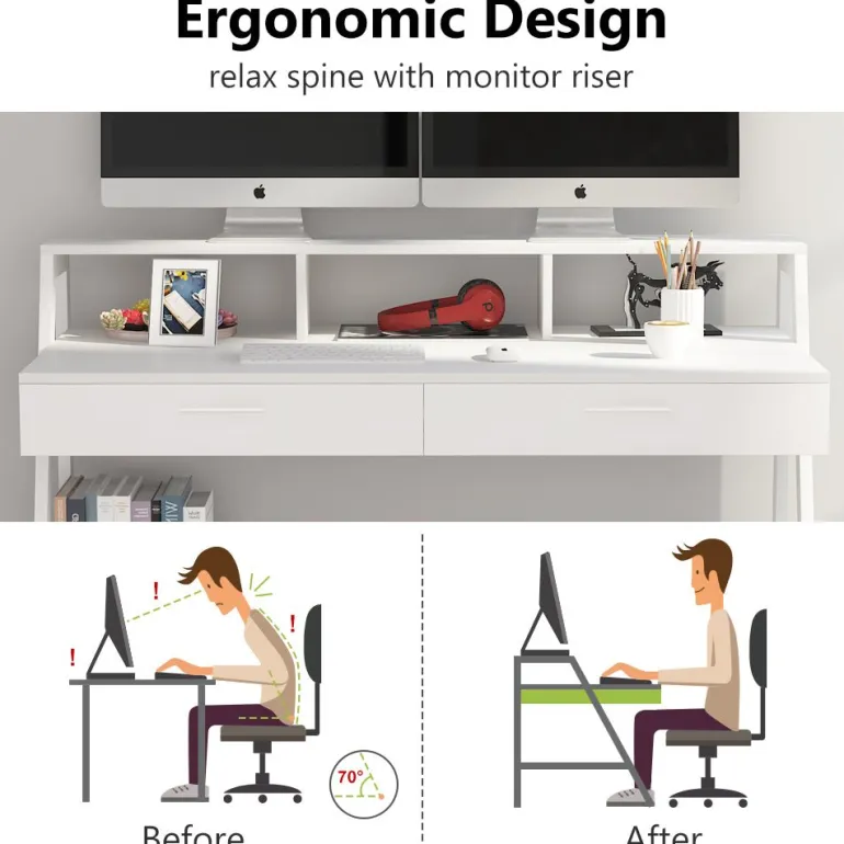 Outlet Tribesigns White Computer Desk, 47" Writing Desk with Storage Shelf & Drawers