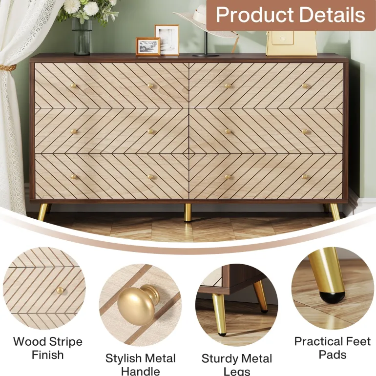 New Tribesigns Wood 6 Drawer Chest, Storage Cabinet Dresser with Metal Legs