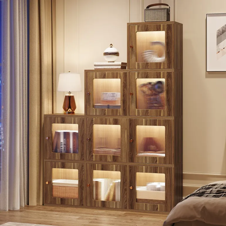 Online Tribesigns Wood Bookshelf, 63" High Bookcase Etagere 9 Cubes With LED Lights