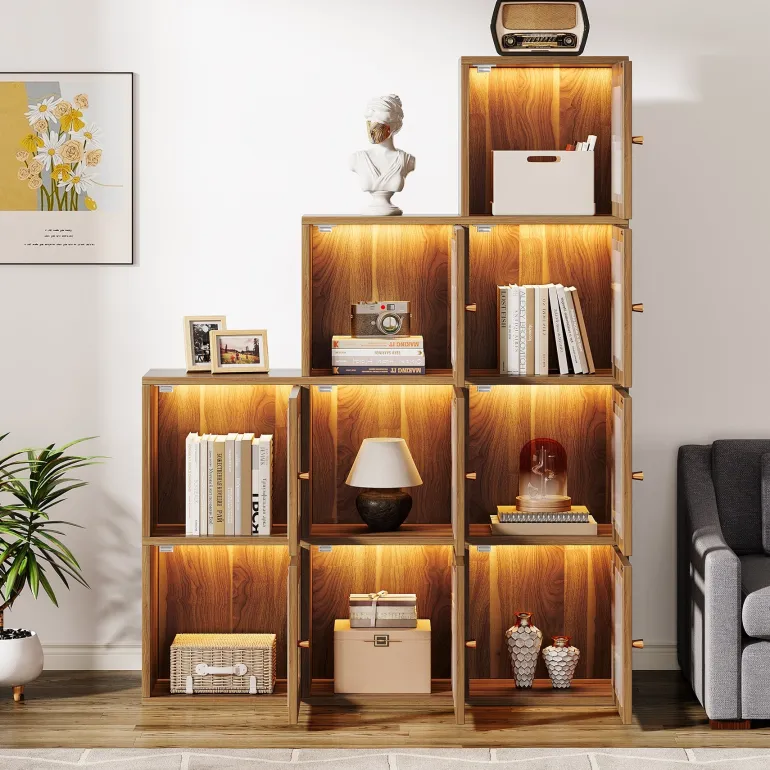 Online Tribesigns Wood Bookshelf, 63" High Bookcase Etagere 9 Cubes With LED Lights
