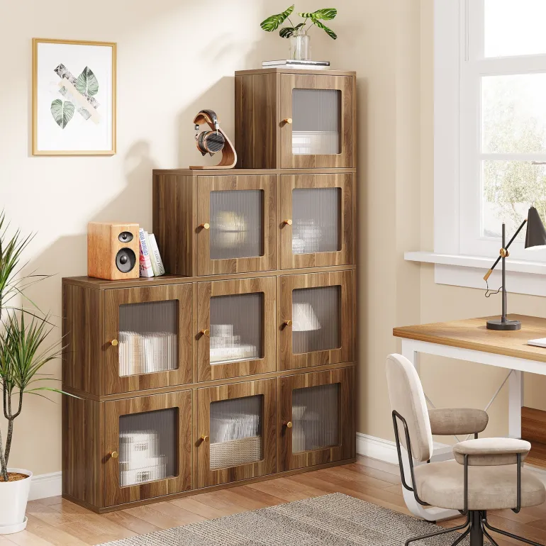 Online Tribesigns Wood Bookshelf, 63" High Bookcase Etagere 9 Cubes With LED Lights