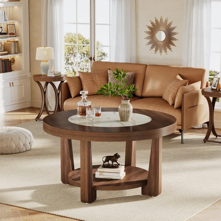 Cheap Tribesigns Wood Coffee Table, Round 2 - Tier Accent Center Table
