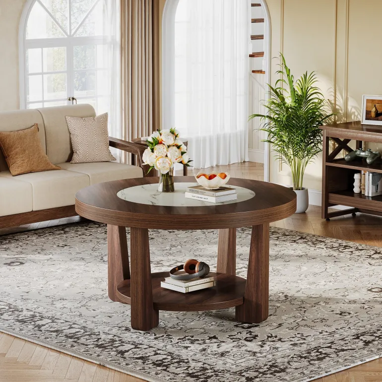 Cheap Tribesigns Wood Coffee Table, Round 2 - Tier Accent Center Table