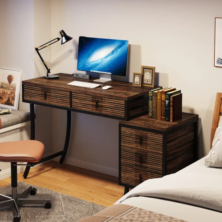 New Tribesigns Wood Computer Desk, 55" Home Office Desk with Drawer Cabinet