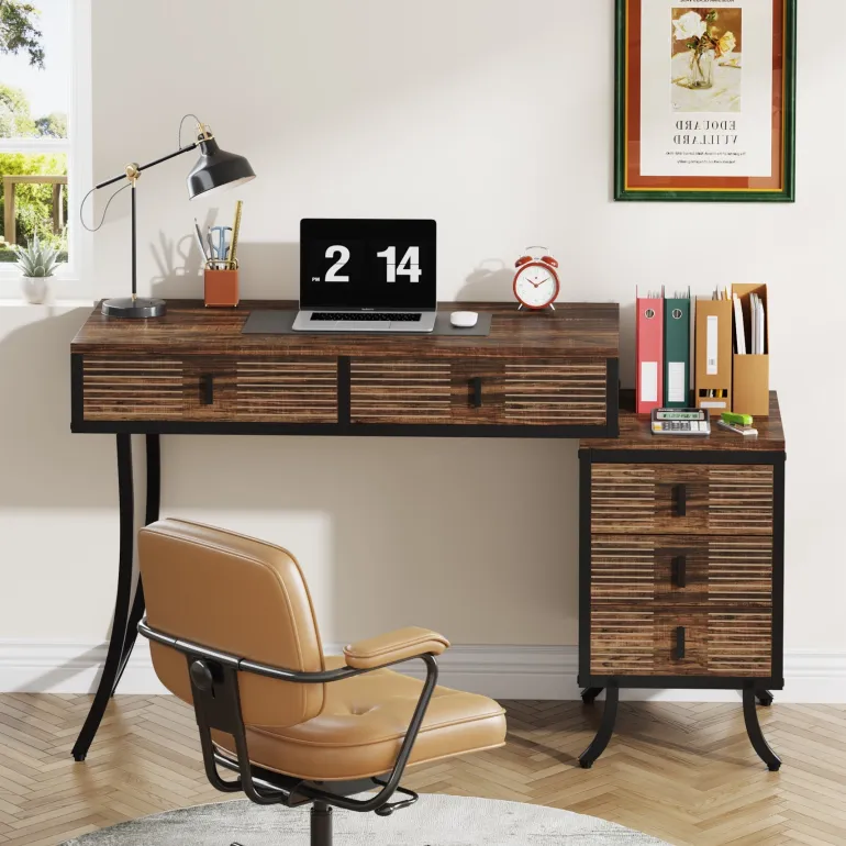 New Tribesigns Wood Computer Desk, 55" Home Office Desk with Drawer Cabinet